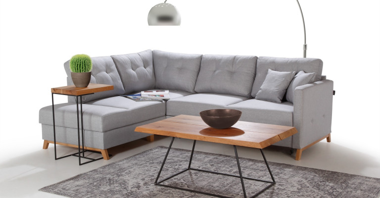 Divano angolare in tessuto a forma di L con funzione letto design imbottito tessile angolare con contenitore letto nuovo