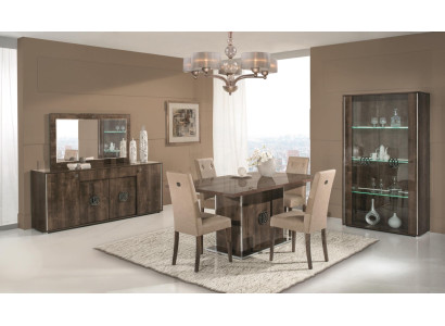 Set di mobili da pranzo con tavolo, sedie, cassettiera, specchio e vetrina 8 pezzi