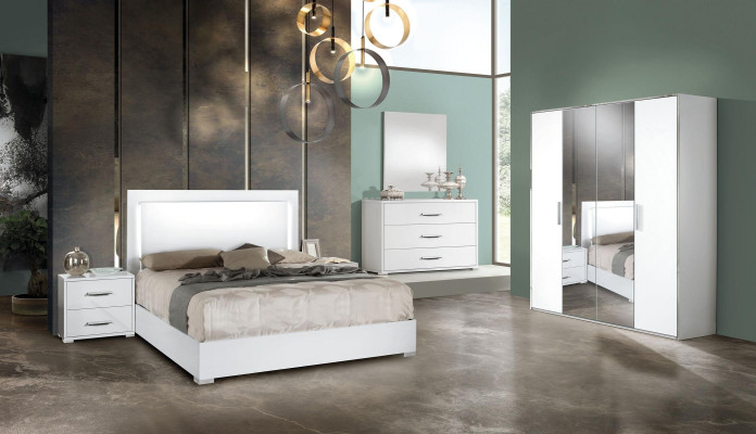 Set moderno di letto, comodino, armadio, cassettiera e specchio bianco 6 pezzi