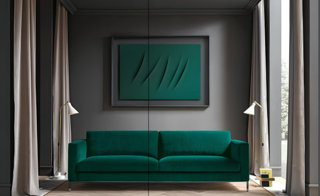 Divano a tre posti verde in tessuto design per soggiorno