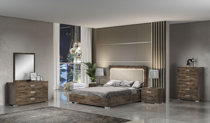 Set moderno di mobili da camera da letto con letto, comodino, comò e specchio 6 pezzi
