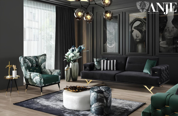 Divano a tre posti nero mobili da soggiorno tavolino pouf design moderno