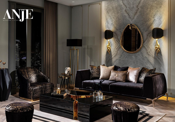 Tavolo da caffè di lusso a tre pezzi mobili da soggiorno nero moderno nuovo