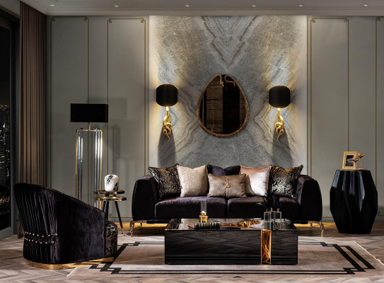 Tavolo da caffè di lusso a tre pezzi mobili da soggiorno nero moderno nuovo