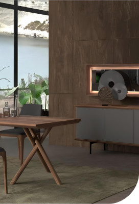 Set di mobili da pranzo di lusso con tavolo da pranzo, sedie, credenza e specchio