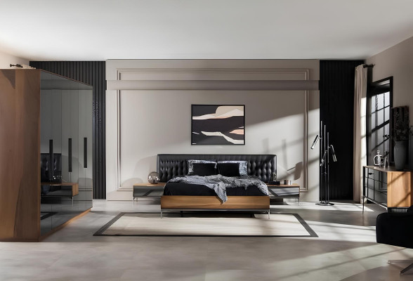 Set completo di mobili per camera da letto con letto, comodini e armadio 4 pezzi.