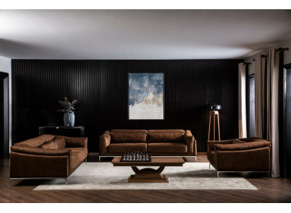 Poltrona + Divano in Stile Moderno Marrone Medio Morbido Lussuoso Confortevole Nuovo
