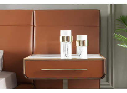 Set camera da letto di lusso arancione terracotta letto in pelle comò comodino 4 pezzi