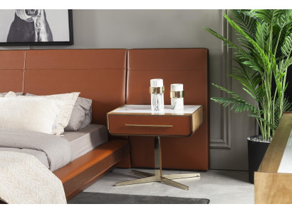 Set camera da letto di lusso arancione terracotta letto in pelle comò comodino 4 pezzi