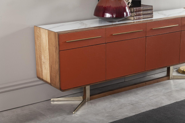 Mobile arancione con cassetti e ripiani, comò xxl, sideboard 240cm