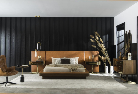 Letto design per camera da letto con due comodini di lusso tavoli in vetro