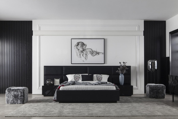 Letto imbottito nero in tessuto per camera da letto lussuoso moderno stile nuovo