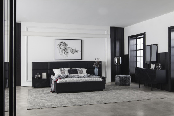 Set camera da letto nera mobili letto comodino 3 pz. letto in pelle