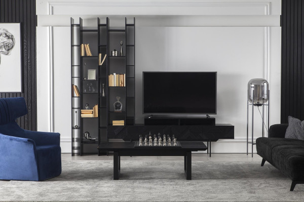 Parete soggiorno nera Armadi di alta qualità Lusso parete attrezzata Tavolino 2 pezzi