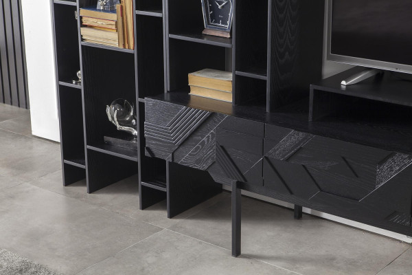 Parete soggiorno nera con spazio di stoccaggio aperto per pareti soggiorno