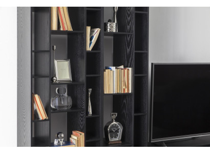 Parete soggiorno nera con spazio di stoccaggio aperto per pareti soggiorno
