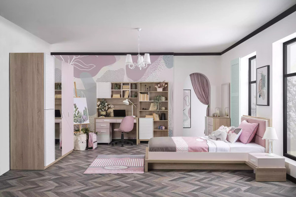 Armadio per bambini in legno rosa con specchio e 4 porte