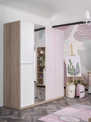 Armadio per bambini in legno rosa con specchio e 4 porte