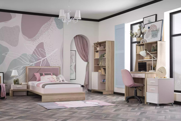 Set di mobili per bambini letto cameretta legno rosa 3 pezzi