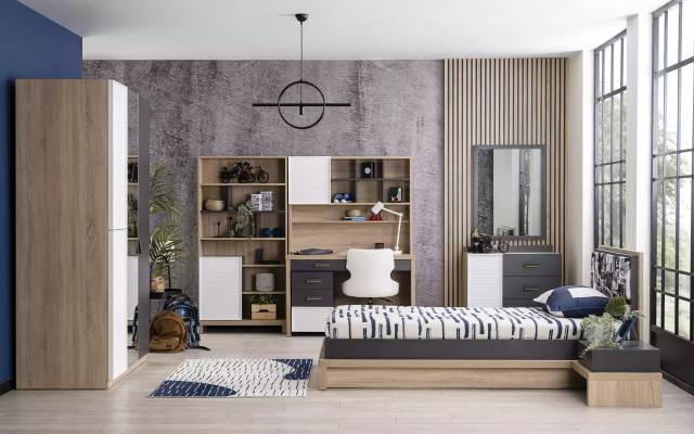Gruppo mobili per bambini letto per bambini camera da letto legno grigio set 7 pezzi