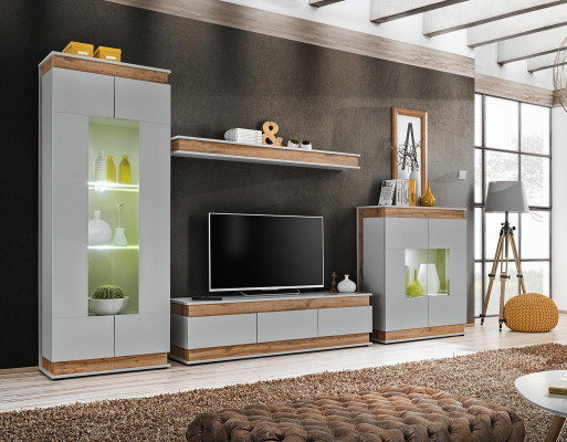 Moderna parete attrezzata grigio marrone in legno con supporto TV 2x vetrine design di lusso