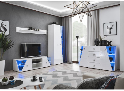 Parete soggiorno moderna bianca con supporto TV, vetrina, set 4 pezzi, nuovo