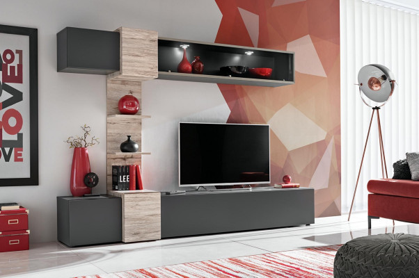 Designer soggiorno moderno set parete attrezzata mensole grigio supporto TV