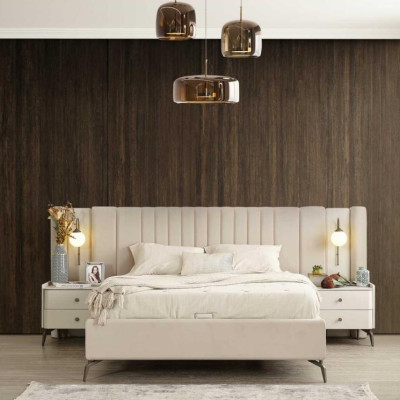 Set di mobili imbottiti per camera da letto bianca con letto matrimoniale elegante e 2 comodini