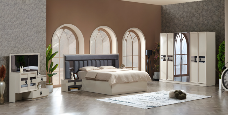 Set di mobili da camera da letto di design moderno di lusso 5 pezzi letto matrimoniale armadio