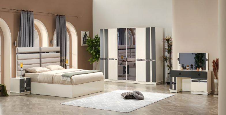 Set di mobili in legno design moderno per camera da letto 6 pezzi letto matrimoniale lusso 2 comodini