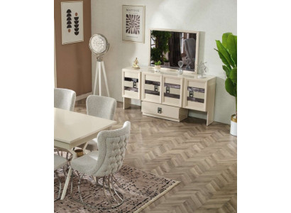 Set da pranzo 9 pezzi Tavolo moderno 6 sedie Mobile con specchio Mobili in legno