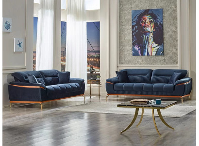 Salotto 2x Divano 3 posti Tessuto Blu Set di divani Divano a tre posti