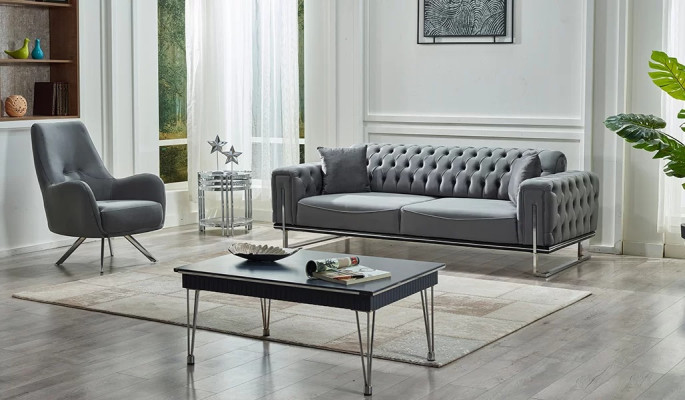 Set divano design moderno 2 pezzi grigio poltrona stile Chesterfield
