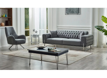 Set divano design moderno 2 pezzi grigio poltrona stile Chesterfield