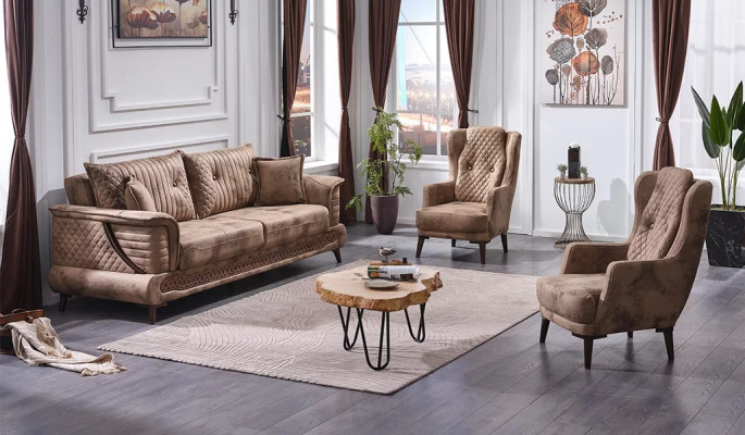 Set di divani di lusso in tessuto beige 3 pezzi