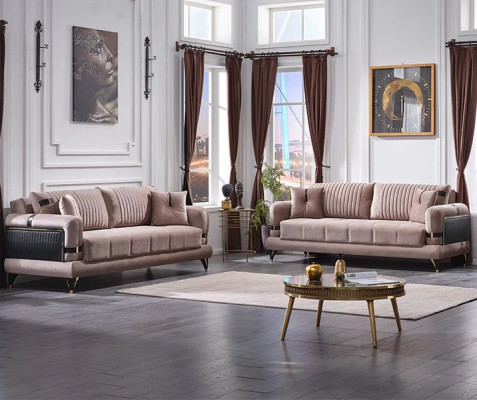 Soggiorno 2x Divano Tre Posti Moderno Set di Divani Design Lusso Beige