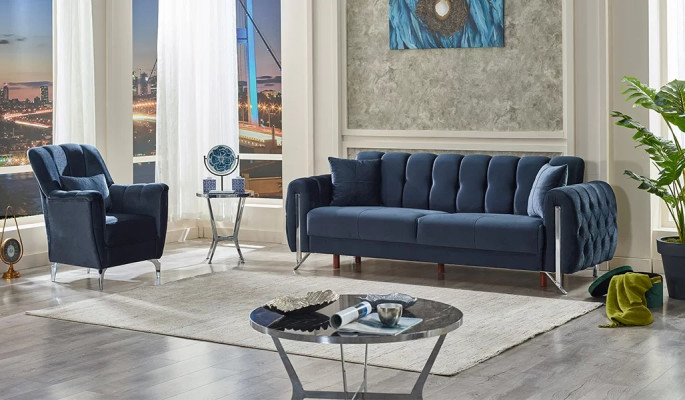 Set di divani imbottiti 2 pezzi lusso mobili imbottiti 3+1 blu tessuto