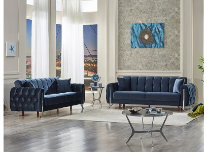 Mobili imbottiti 2x divano a tre posti completo in tessuto blu soggiorno