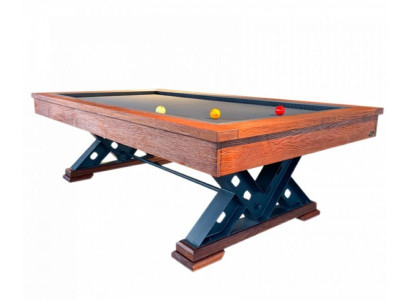 Tavolo in legno massello marrone con gambe in acciaio e superficie di gioco in marmo