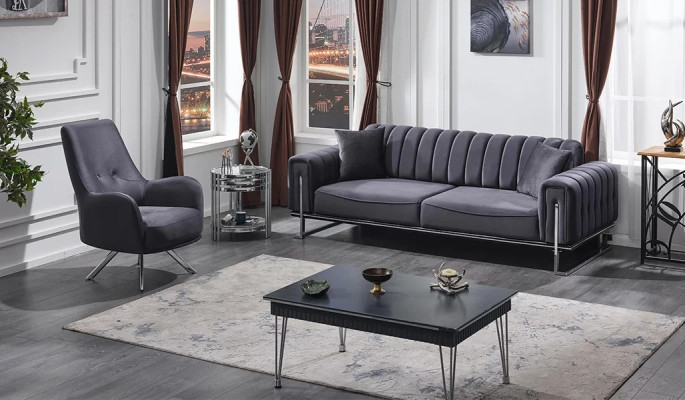 Set di divani 3+1 posti soggiorno lusso Chesterfield grigio