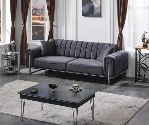 Divano Chesterfield grigio di lusso a tre posti per il soggiorno