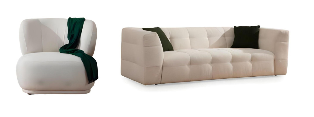 Moderno set di divani bianchi per soggiorno, divano a tre posti designer, poltrona elegante