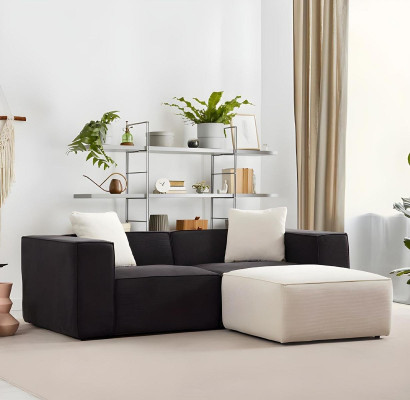 Set di divano in tessuto bianco e nero, lussuoso divano 4 posti con pouf 2 pezzi