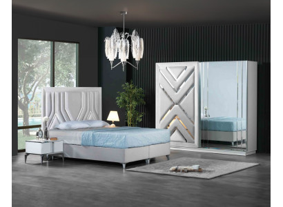 Completo letto bianco elegante con comodini e armadio in vetro