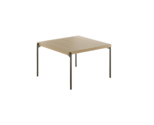 Elegante tavolino in legno con gambe in acciaio inox