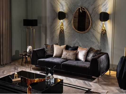 Set di mobili per soggiorno con divano, lampada, specchio e pouf 7 pezzi