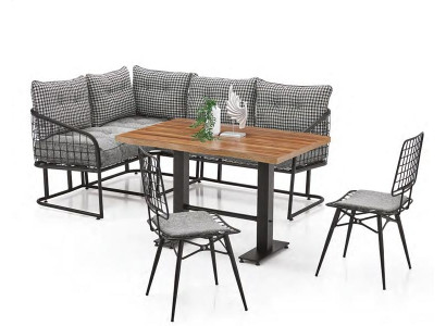 Divano angolare a forma di L con cuscini per sala da pranzo e terrazza