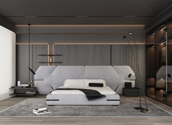 Letto grigio moderno con testiera elegante e design stiloso camera da letto