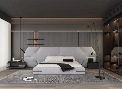 Letto grigio moderno con testiera elegante e design stiloso camera da letto