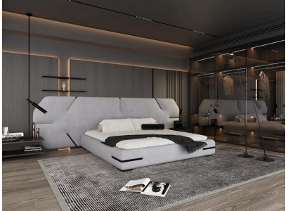 Letto grigio moderno con testiera elegante e design stiloso camera da letto